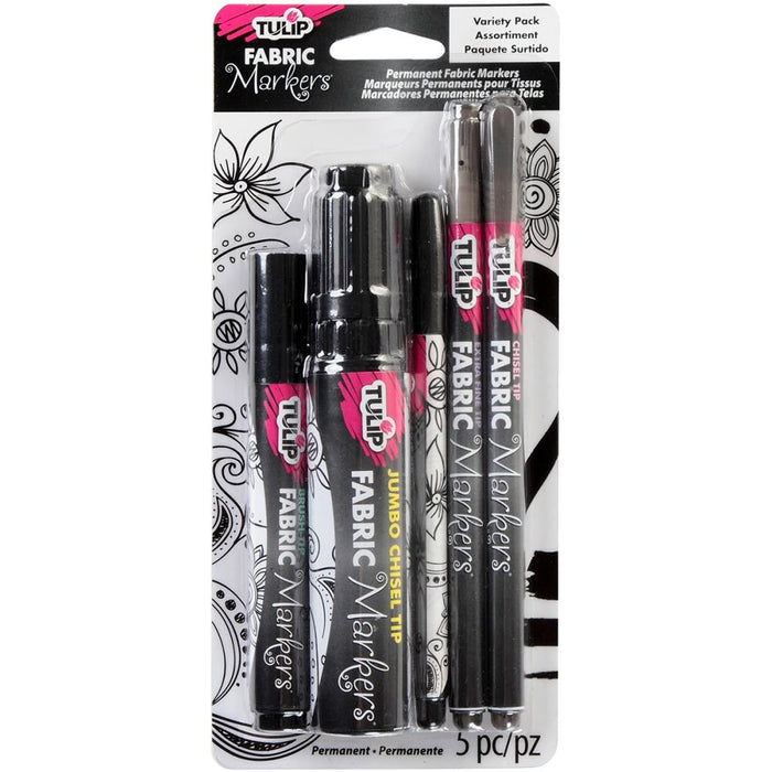 Tulip - Fabric Markers Variety Pack 5/Pkg - Black Assorted Tips