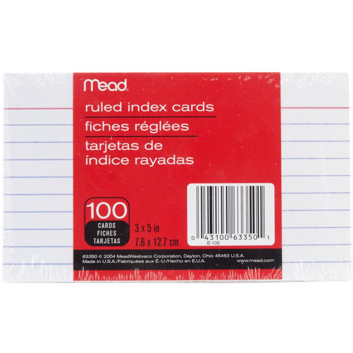 Mead - Index Cards 3"x5" 100/Pkg - Ruled White