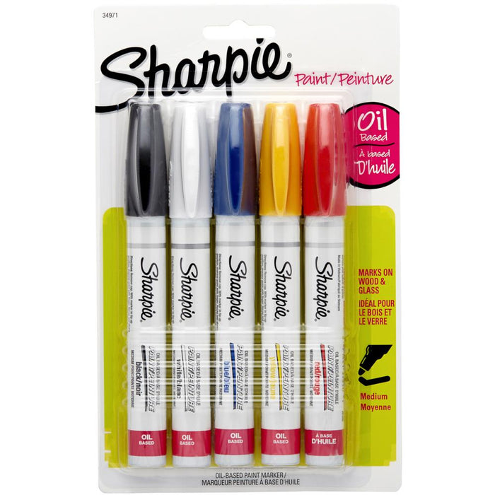 Sharpie - Medium Point Oil-Based Paint Markers 5/Pkg - Black, Blue, Yellow, Red & White