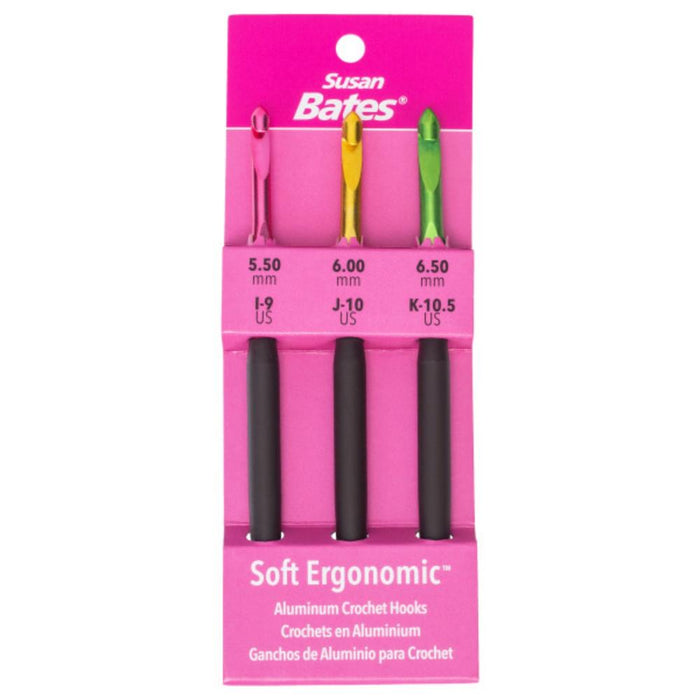 Susan Bates - Silvalume Soft Ergonomic Crochet Hook Set Sizes I9/5.5mm, J10/6mm, and K10.5/6.5mm