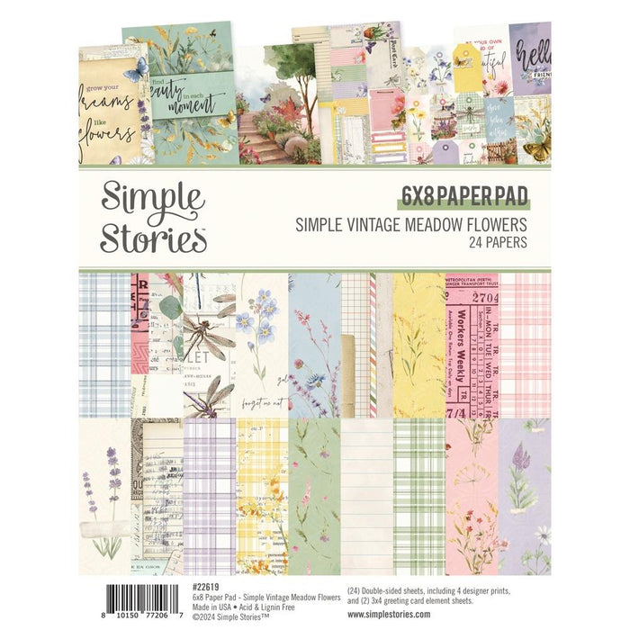 Simple Vintage Meadow Flowers  Double-Sided Paper Pad.  6"x8"