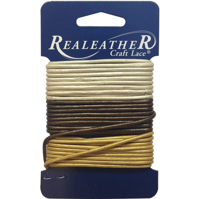Realeather® Crafts - Round Leather Lace 2mmX9yd Carded Gold, Silver & Bronze