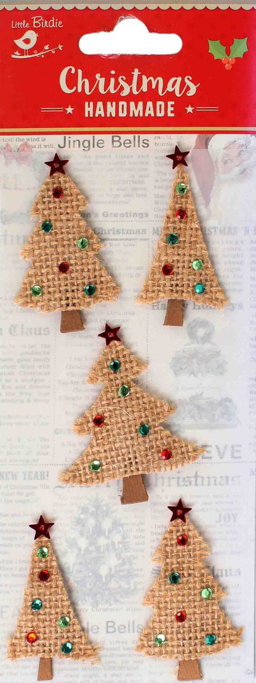 Little Birdie Christmas Burlap Sticker Embellishment 5/Pkg-Tree