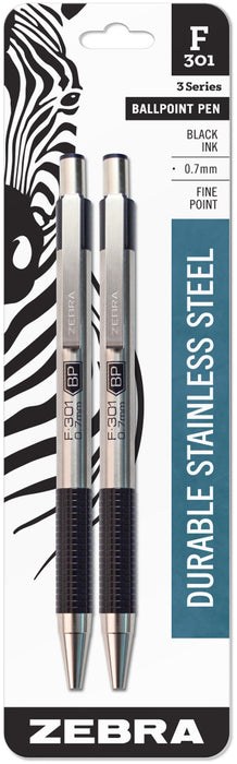 Zebra F-301 Stainless Steel Ballpoint Pen .7mm 2/Pkg-Black