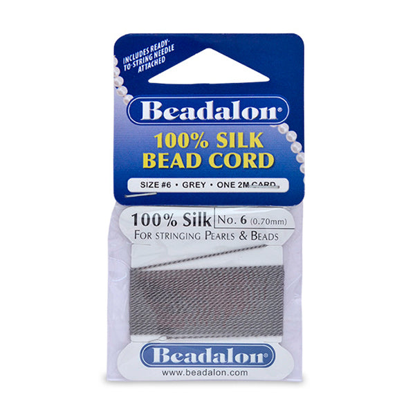 Beadalon Silk Thread, Size #6, 0.70 mm / .028 in, Grey, with needle, 2 m / 6.5 ft