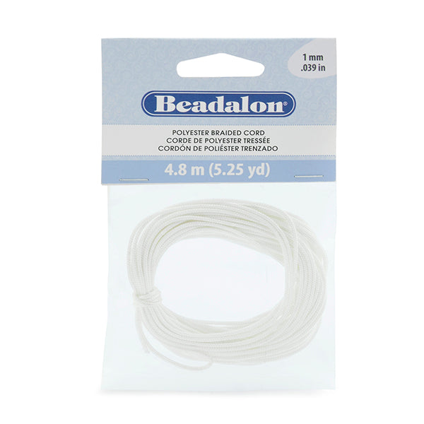 Polyester Braided Cord, White, 1 mm / 0.39 in, 4.8 m / 5.25 yd