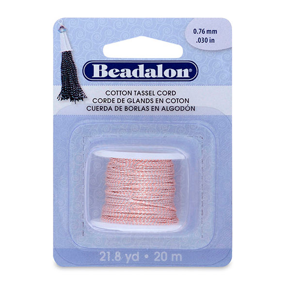 Cotton Tassel Cord, 0.76 mm / .030 in, Metallic Silver on Pink, 21.8 yd / 20 m