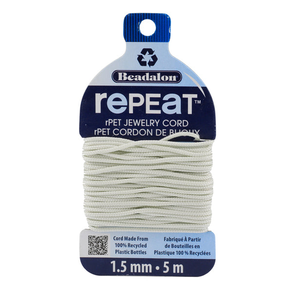 RePEaT, 100% Recycled PET Braided Cord, 12 Strand, 1.5 mm / .059 in, 125 lb / 56.7 kg, Break Strength, Cloud, 16.4 ft / 5 m