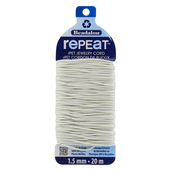 RePEaT, 100% Recycled PET Braided Cord, 12 Strand, 1.5 mm / .059 in, 125 lb / 56.7 kg, Break Strength, Cloud, 65.6 ft / 20 m
