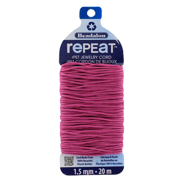 RePEaT, 100% Recycled PET Braided Cord, 12 Strand, 1.5 mm / .059 in, 125 lb / 56.7 kg, Break Strength, Fuchsia, 65.6 ft / 20 m