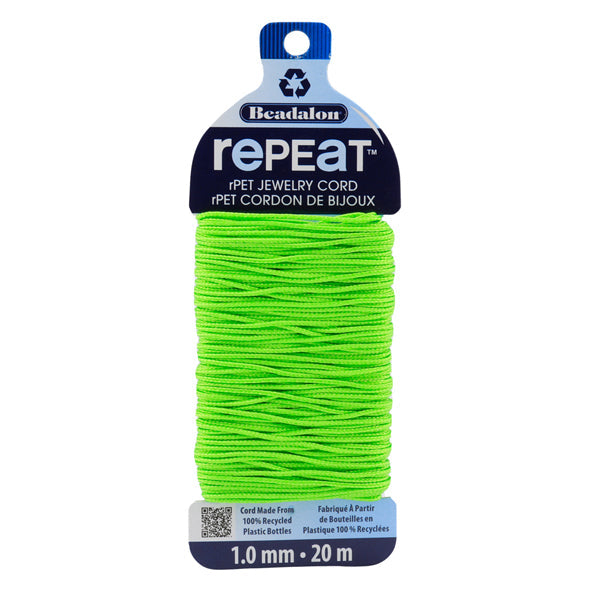 RePEaT, 100% Recycled PET Braided Cord, 8 Strand, 1.0 mm / .039 in, 100 lb / 45.3 kg, Break Strength, Lime Green, 65.6 ft / 20 m