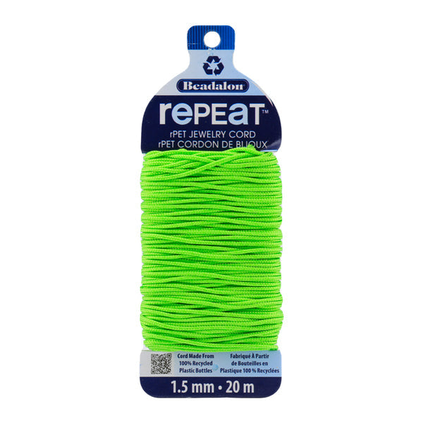 RePEaT, 100% Recycled PET Braided Cord, 12 Strand, 1.5 mm / .059 in, 125 lb / 56.7 kg, Break Strength, Lime Green, 65.6 ft / 20 m