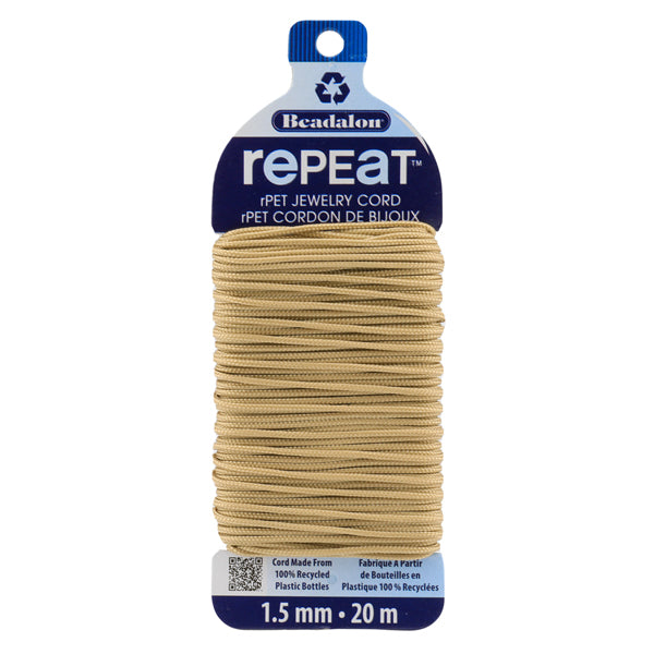 RePEaT, 100% Recycled PET Braided Cord, 12 Strand, 1.5 mm / .059 in, 125 lb / 56.7 kg, Break Strength, Sand, 65.6 ft / 20 m