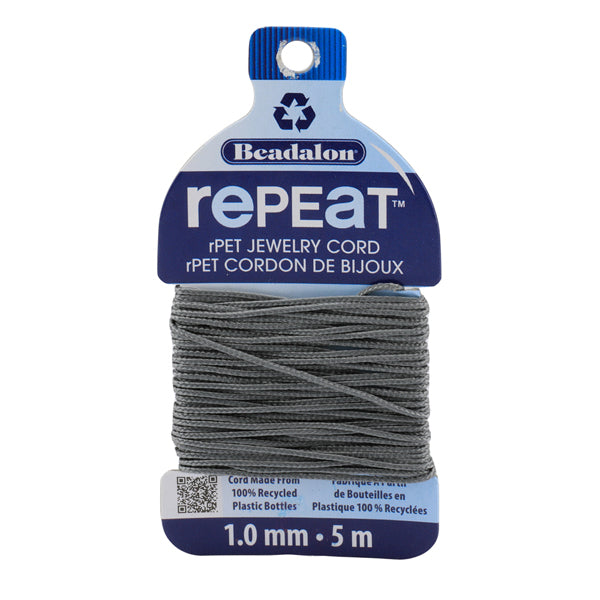 RePEaT, 100% Recycled PET Braided Cord, 8 Strand, 1.0 mm / .039 in, 100 lb / 45.3 kg, Break Strength, Grey, 16.4 ft / 5 m
