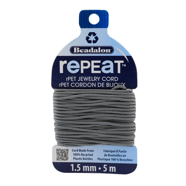 RePEaT, 100% Recycled PET Braided Cord, 12 Strand, 1.5 mm / .059 in, 125 lb / 56.7 kg, Break Strength, Grey, 16.4 ft / 5 m