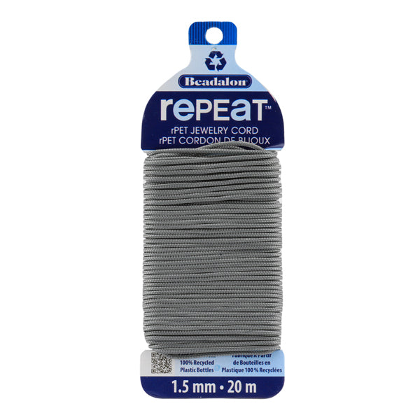 RePEaT, 100% Recycled PET Braided Cord, 12 Strand, 1.5 mm / .059 in, 125 lb / 56.7 kg, Break Strength, Grey, 65.6 ft / 20 m