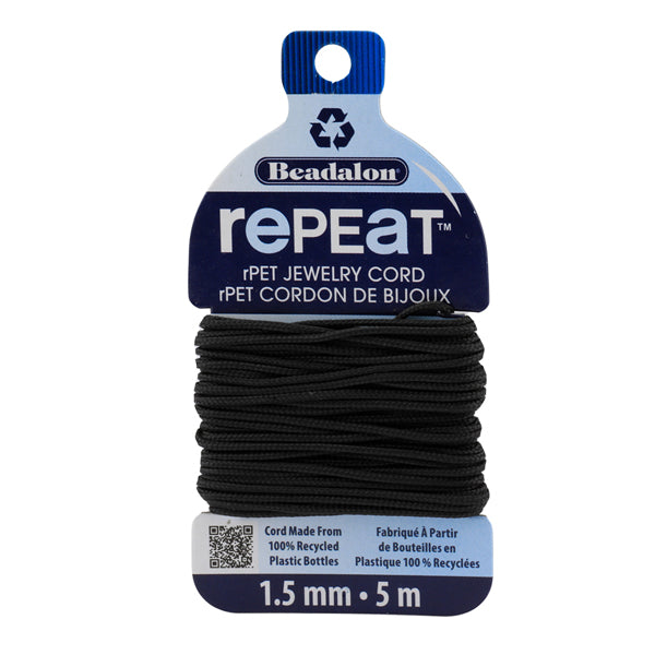 RePEaT, 100% Recycled PET Braided Cord, 12 Strand, 1.5 mm / .059 in, 125 lb / 56.7 kg, Break Strength, Black, 16.4 ft / 5 m