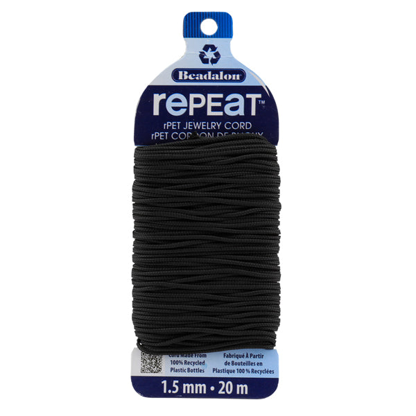 RePEaT, 100% Recycled PET Braided Cord, 12 Strand, 1.5 mm / .059 in, 125 lb / 56.7 kg, Break Strength, Black, 65.6 ft / 20 m