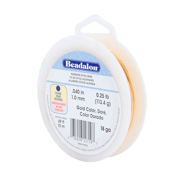 German Style Wire, Round, Gold Color, 18 gauge 1.02 mm / .040 in, approx. 49 ft, 1/4 lb / .11 kg