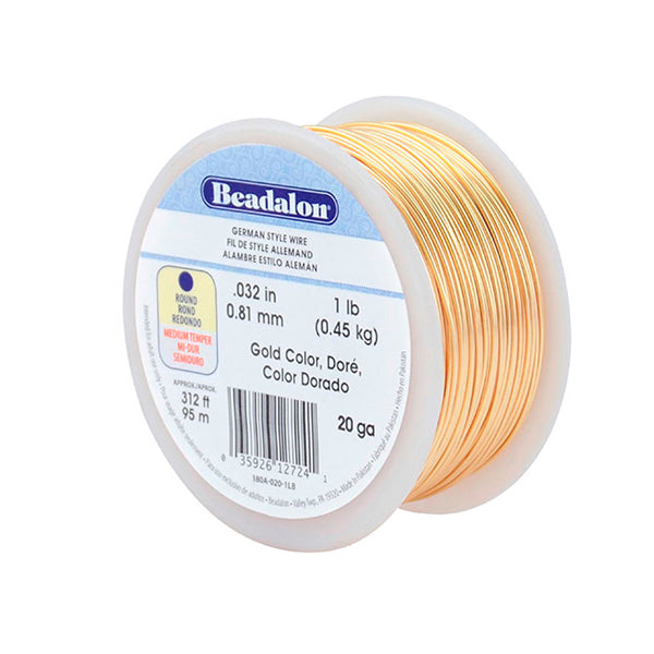 German Style Wire, Round, Gold Color, 20 gauge .81 mm / .032 in, approx. 312 ft, 1 lb / .44 kg