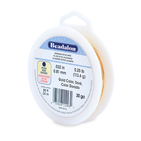 German Style Wire, Round, Gold Color, 20 gauge .81 mm / .032 in, approx. 78 ft, 1/4 lb / .11 kg