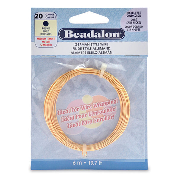 German Style Wire, Round, Gold Color, 20 gauge .81 mm / .032 in, 6 m / 19.7 ft