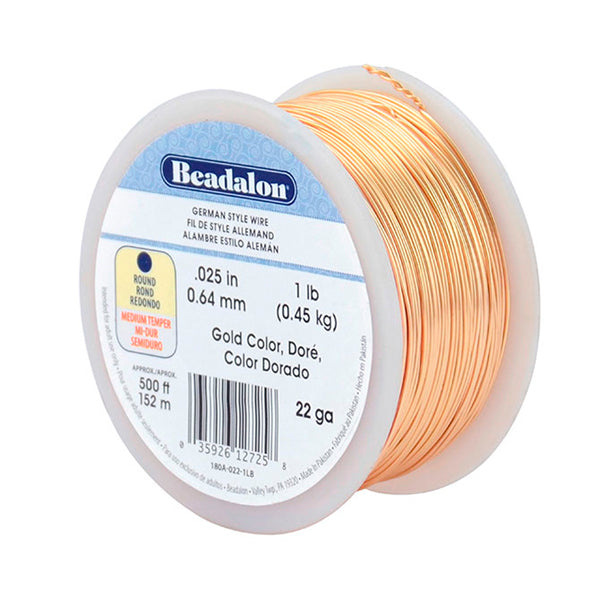 German Style Wire, Round, Gold Color, 22 gauge .64 mm / .025 in, approx. 500 ft, 1 lb / .44 kg