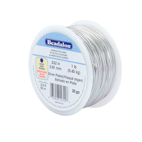 German Style Wire, Round, Silver Plated, 20 gauge .81 mm / .032 in, approx. 312 ft, 1 lb / .44 kg