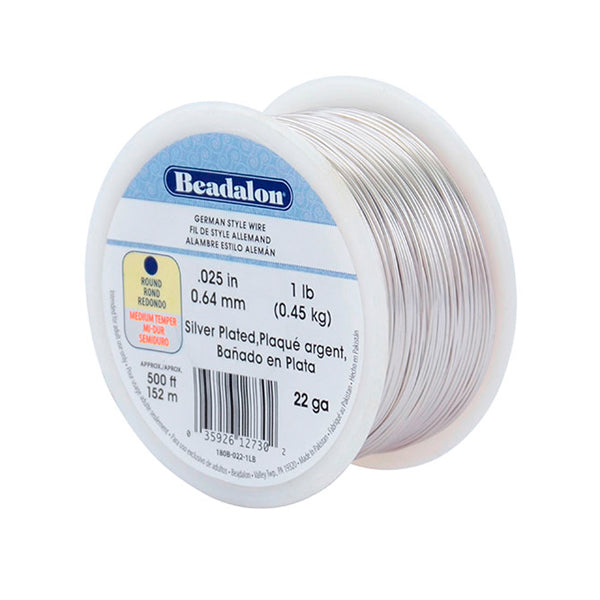 German Style Wire, Round, Silver Plated, 22 gauge .64 mm / .025 in, approx. 500 ft, 1 lb / .44 kg
