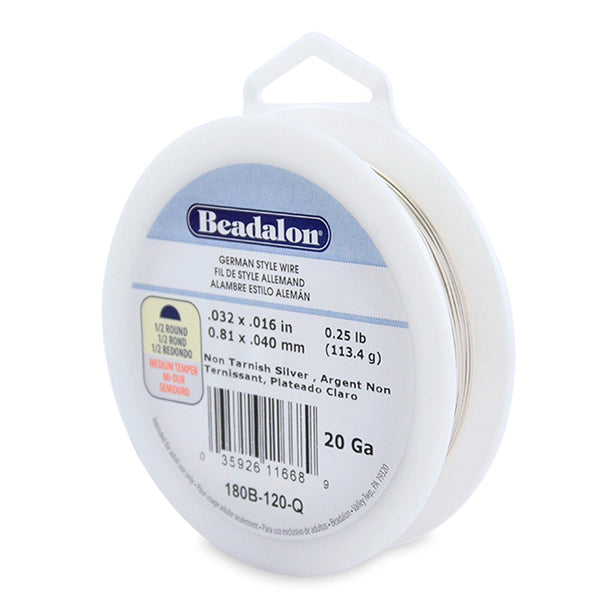 German Style Wire, Half Round,Tarnish Resistant Silver Plated, 20 gauge .81 mm / .032 in, 1/4 lb / .11 kg