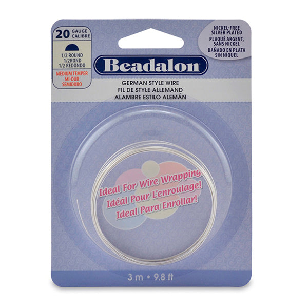 German Style Wire, Half Round, Tarnish Resistant Silver Plated, 20 gauge .81 mm / .032 in, 3 m / 9.8 ft