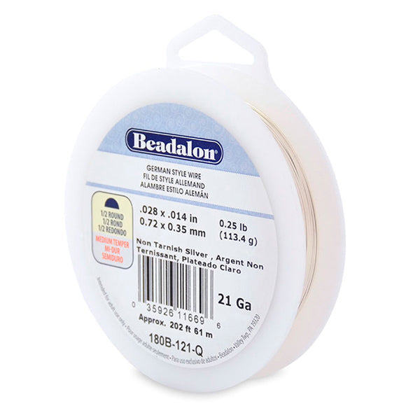 German Style Wire, Half Round,Tarnish Resistant Silver Plated, 21 gauge .72 mm / .028 in, 1/4 lb / .11 kg