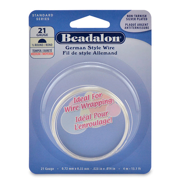 German Style Wire, Half Round, Tarnish Resistant Silver Plated, 21 gauge .72 mm / .028 in, 4 m / 13.1 ft
