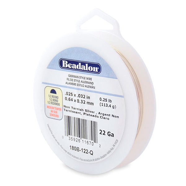 German Style Wire, Half Round,Tarnish Resistant Silver Plated, 22 gauge .64 mm / .025 in, 1/4 lb / .11 kg