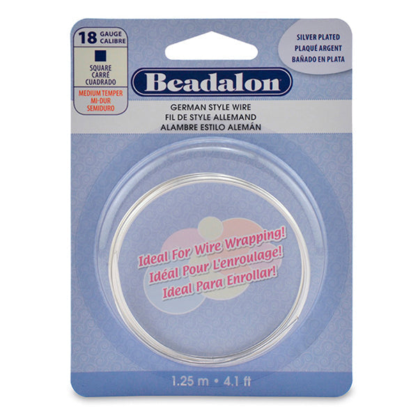 German Style Wire, Square, Silver Plated, 18 gauge 1.02 mm / .040 in, 1.25 m / 4.1 ft