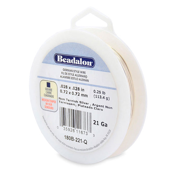 German Style Wire, Square, Silver Plated, 21 gauge .72 mm / .028 in, 1/4 lb / .11 kg