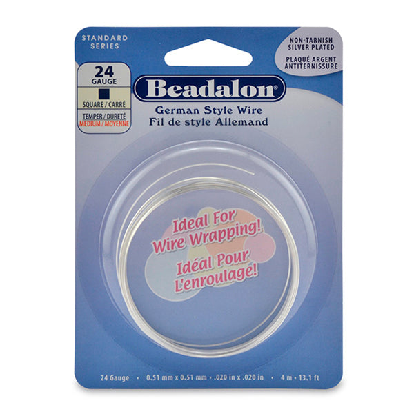 German Style Wire, Square, Silver Plated, 24 gauge .51 mm / .020 in, 4 m / 13.1 ft