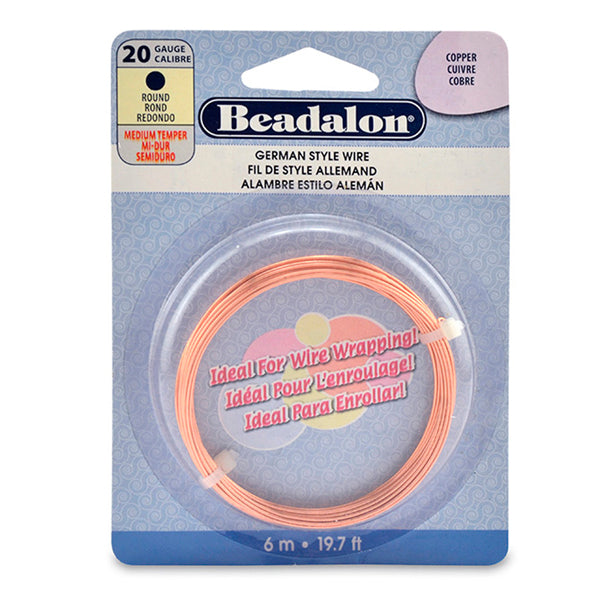 German Style Wire, Round, Copper, 20 gauge .81 mm / .032 in, 6 m / 19.7 ft