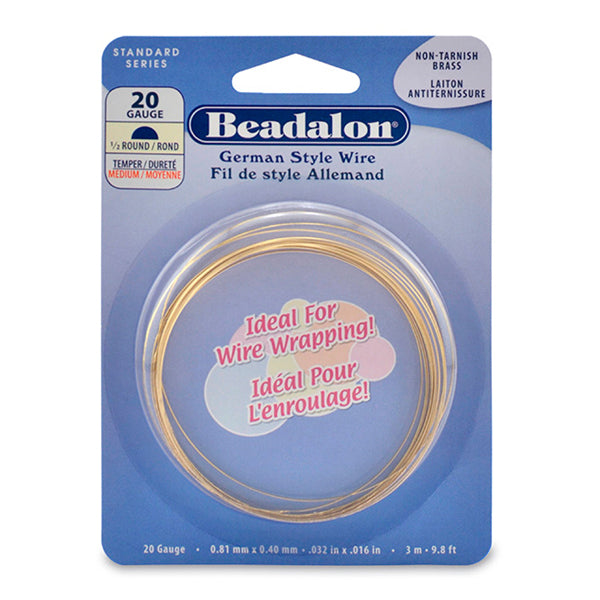 German Style Wire, Half Round, Tarnish Resistant Brass, 20 gauge .032 in / .81 mm, 3 m / 9.8 ft