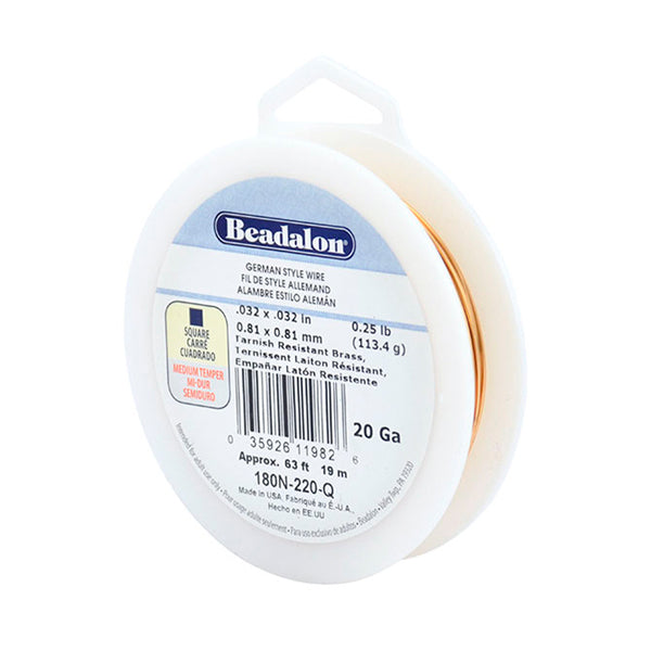 German Style Wire, Square, Tarnish Resistant Brass, 20 gauge .81 mm / .032 in, 1/4 lb / .11 kg