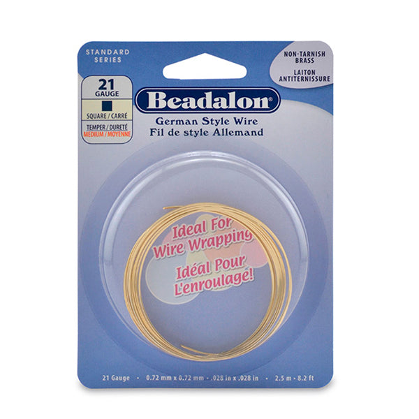 German Style Wire, Square, Tarnish Resistant Brass, 21 gauge .72 mm / .028 in, 2.5 m / 8.2 ft