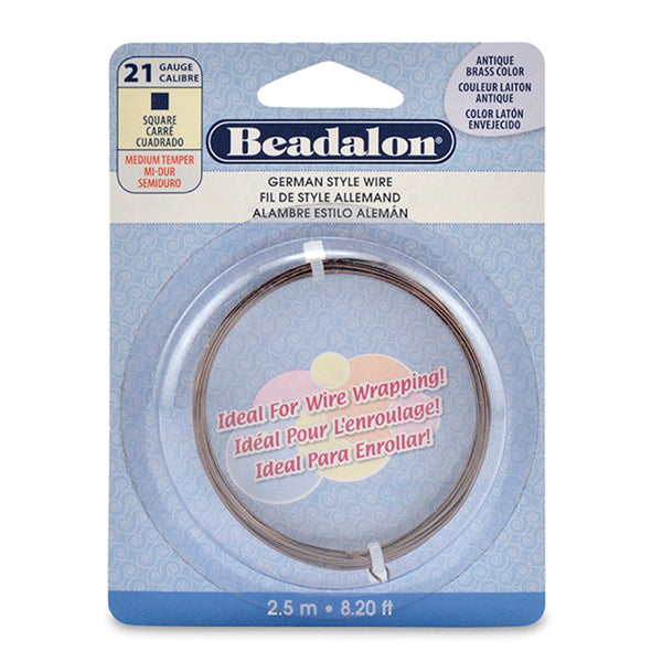 German Style Wire, Square, Antique Brass Color, 21 gauge .72 mm / .028 in, 2.5 m / 8.2 ft