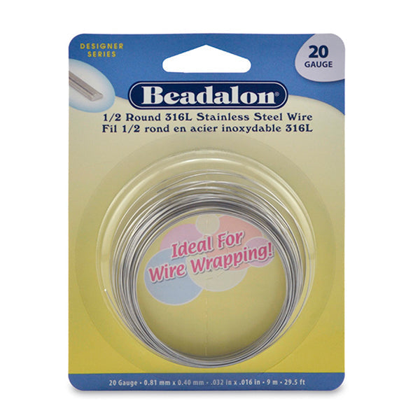 316L Stainless Steel Wrapping Wire, Half Round, 20 gauge .81 mm / .032 in, 9 m / 29.5 ft