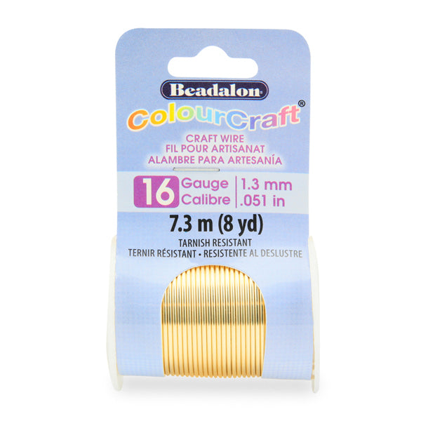 Beadalon - ColourCraft Wire, 16 Gauge 0.051 in / 1.30 mm, Gold Color Silver Plated Tarnish Resistant, 7.3 m / 8 yd spool