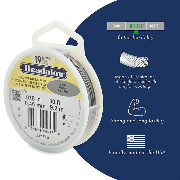 19 Strand Stainless Steel Bead Stringing Wire, .015 in / 0.38 mm, Bright, 100 ft / 31 m