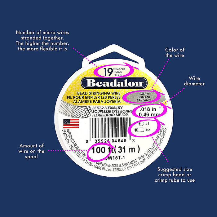 19 Strand Stainless Steel Bead Stringing Wire, .012 in / 0.30 mm, Bright, 1000 ft / 305 m