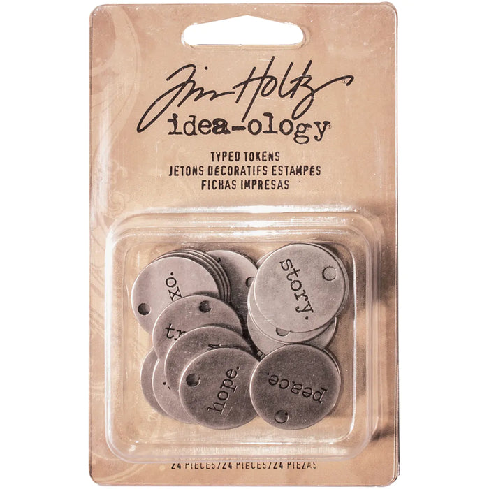 Tim Holtz - Idea-ology - Metal Typed Tokens 24/Pkg-Antique Nickel Words .75"