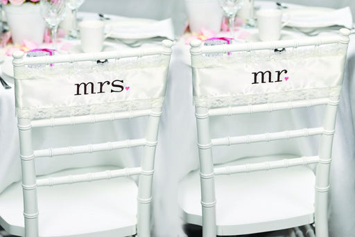 Hortense B. Hewitt - Chair Sashes - Ivory Satin & Lace, Mr & Mrs