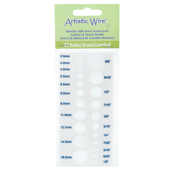 Artistic Wire Acrylic Draw Plate 22 Holes, Diameters: / 16, 14.5, 12.5, 11, 9.5, 8, 6.5, 5.5, 4.5, 4,3 mm - 5/8, 9/16, 1/2, 7/16, 3/8, 5/16, 1/4, 7 in