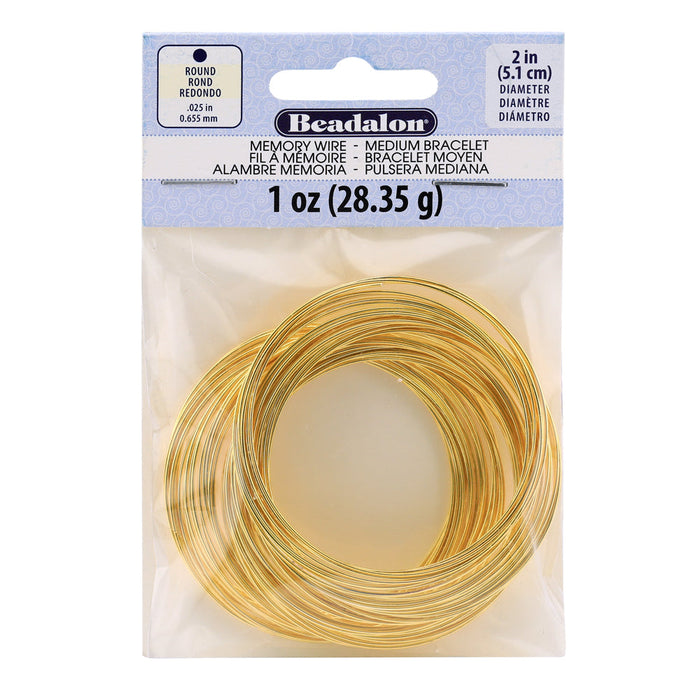 Memory Wire, Round, Medium Bracelet, 2 in / 5.1 cm diameter, Gold Color, 1 oz / 28.35 g, approx. 73 coils/pack